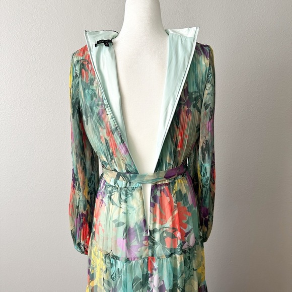 Alex‎ Marie Long Sleeve Green Floral Pleated Belted Midi Dress Women's Size 8 - Picture 8 of 12